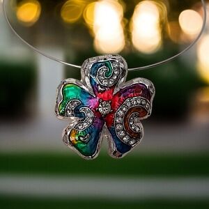 Y2K‎ Chunky Flower Necklace Pendant Rhinestones Enameled Silver Tone Artsy Fairy